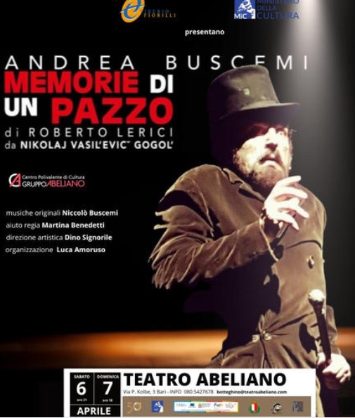 Memorie di un pazzo all’Abeliano lo spettacolo diretto e interpretato da Andrea Buscemi