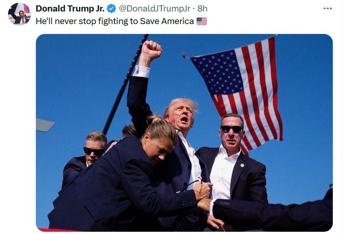 Trump, pugno alzato, sangue sul volto e bandiera: la foto simbolo